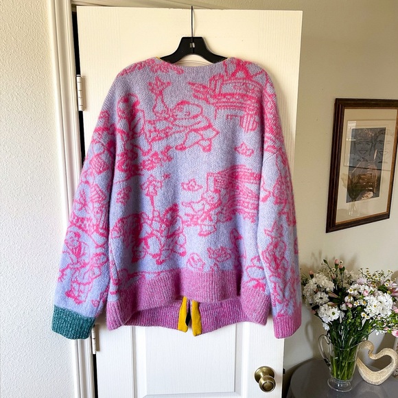 YanYan Fuzzy Laza Cardigan Alpaca Jacquard Oversized Sky Pink Large XL EUC - Picture 8 of 9